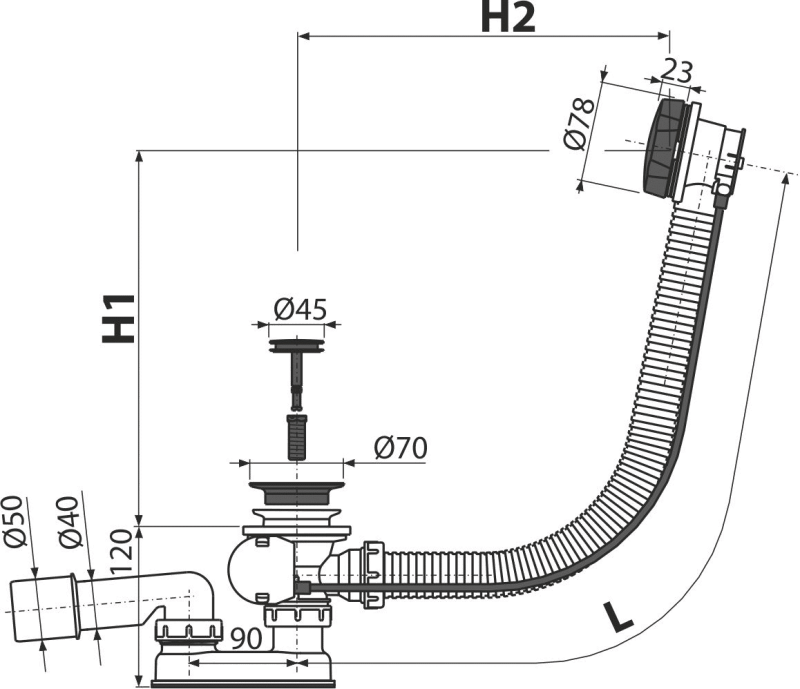Сифон для ванны автомат комплект, черный-мат ALCAPLAST A55BLACK - Вид №1