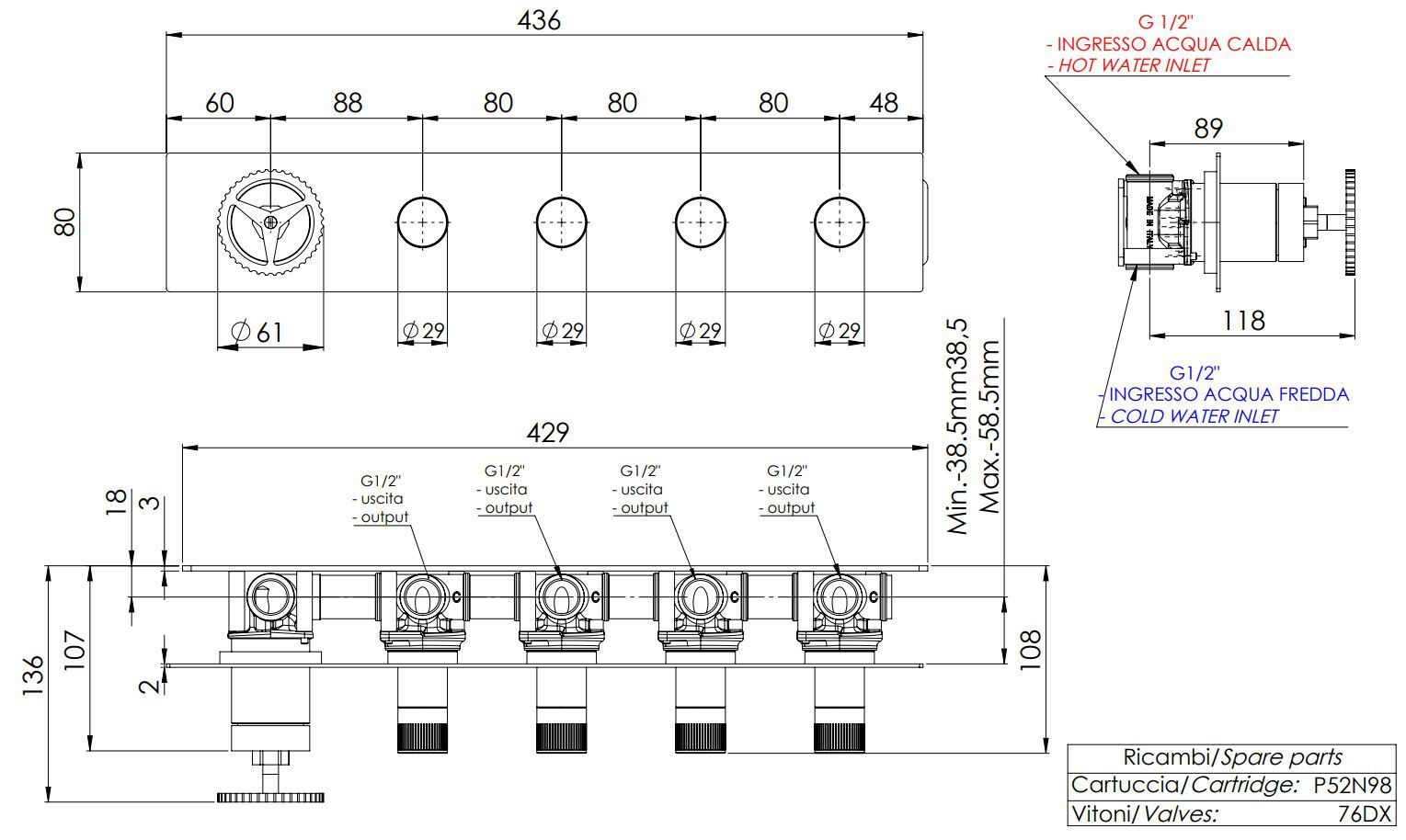 5-луночный однорычажный смеситель для душа с переключателем Remer Rubinetterie Chrono ARCH-00141183 - Вид №2