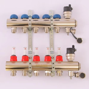 Коллекторная группа TOPWAY с термостатическими вентилями и расходомерами с резьбой под евроконус EMMETI 1"x3/4"ЕК 5 выходов