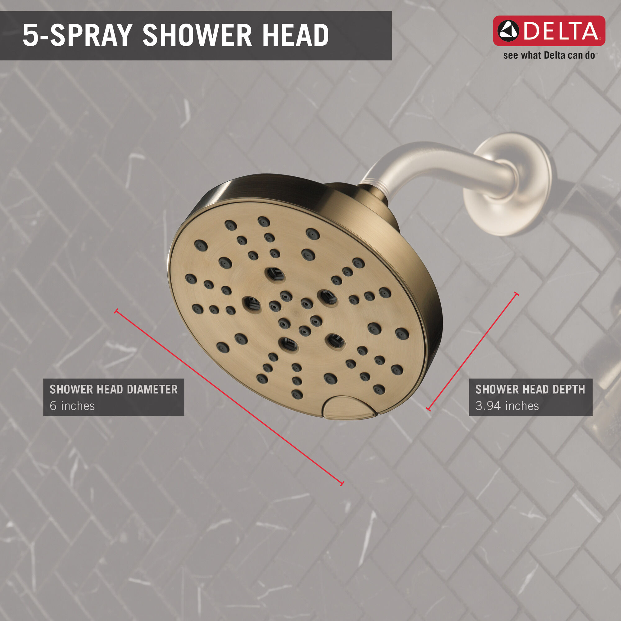 52668-CZ H2Okinetic® Современная душевая лейка Raincan с 5 настройками Delta Faucet Universal Showering Шампанское бронза  - Вид №2