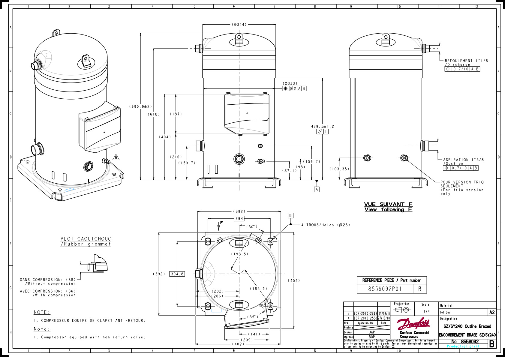 Danfoss SY — Герметичные спиральные компрессоры, R22, R134a, R407C SY300A4CBM Компрессор спиральный SY300A4CBM  - Вид №15