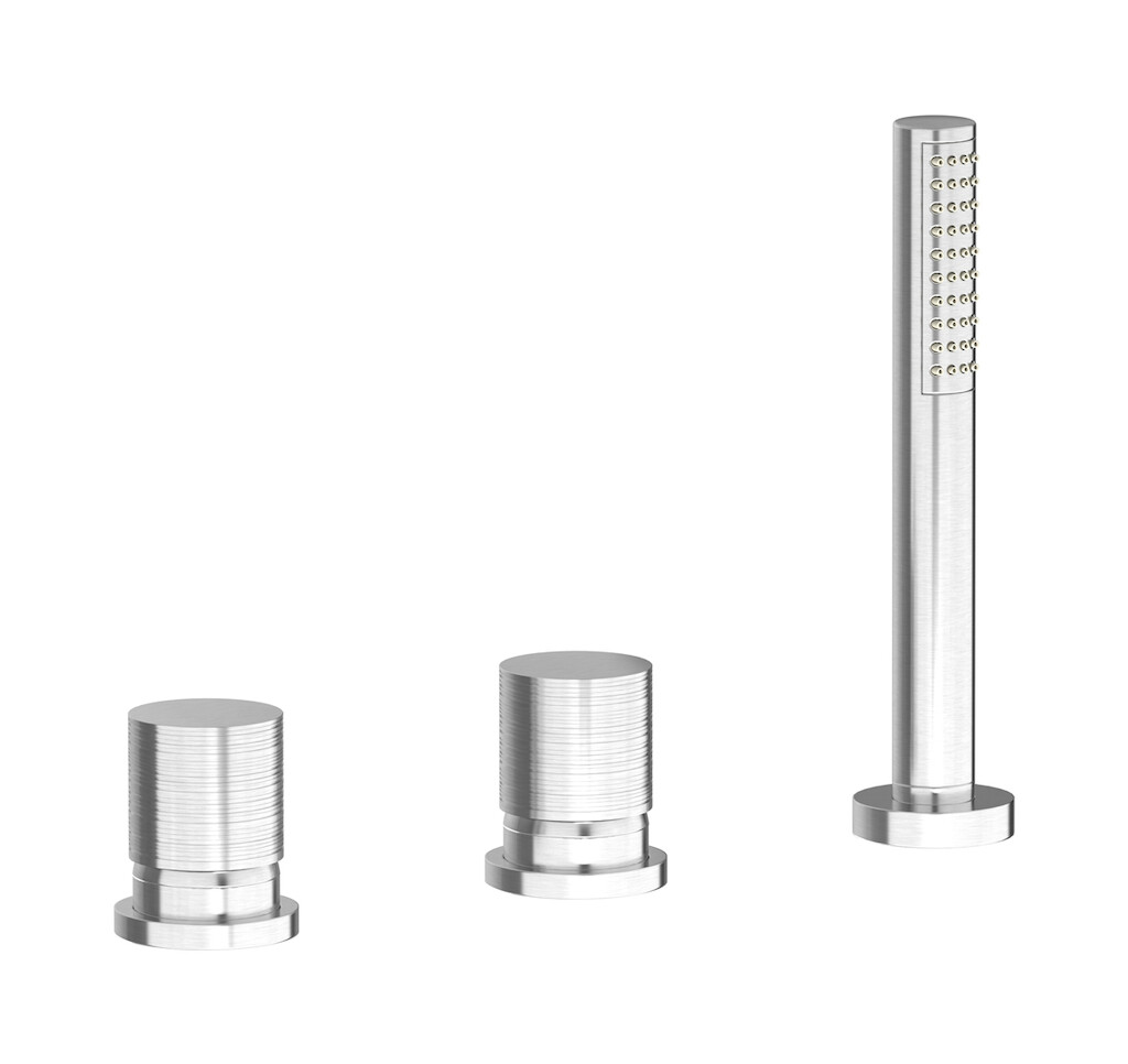 Смеситель на бортик ванной на 3 отверстия с изливом, дивертером и душевым гарнитуром. WE ARE IB vn305oo Brushed Nickel Vinile