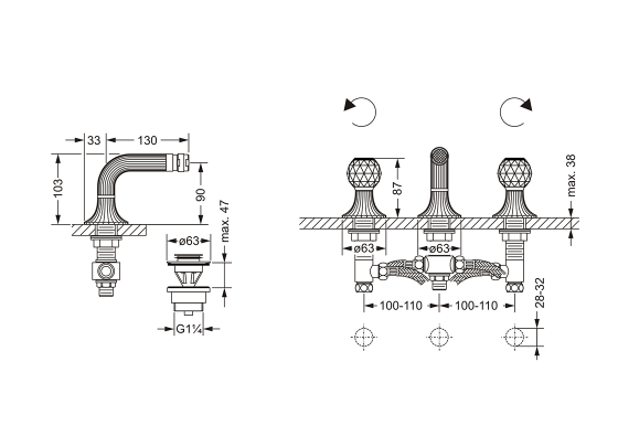 Смеситель для биде на три отверстия ½" JOERGER Cronos Crystal 637.30.100.000-AA - Вид №1