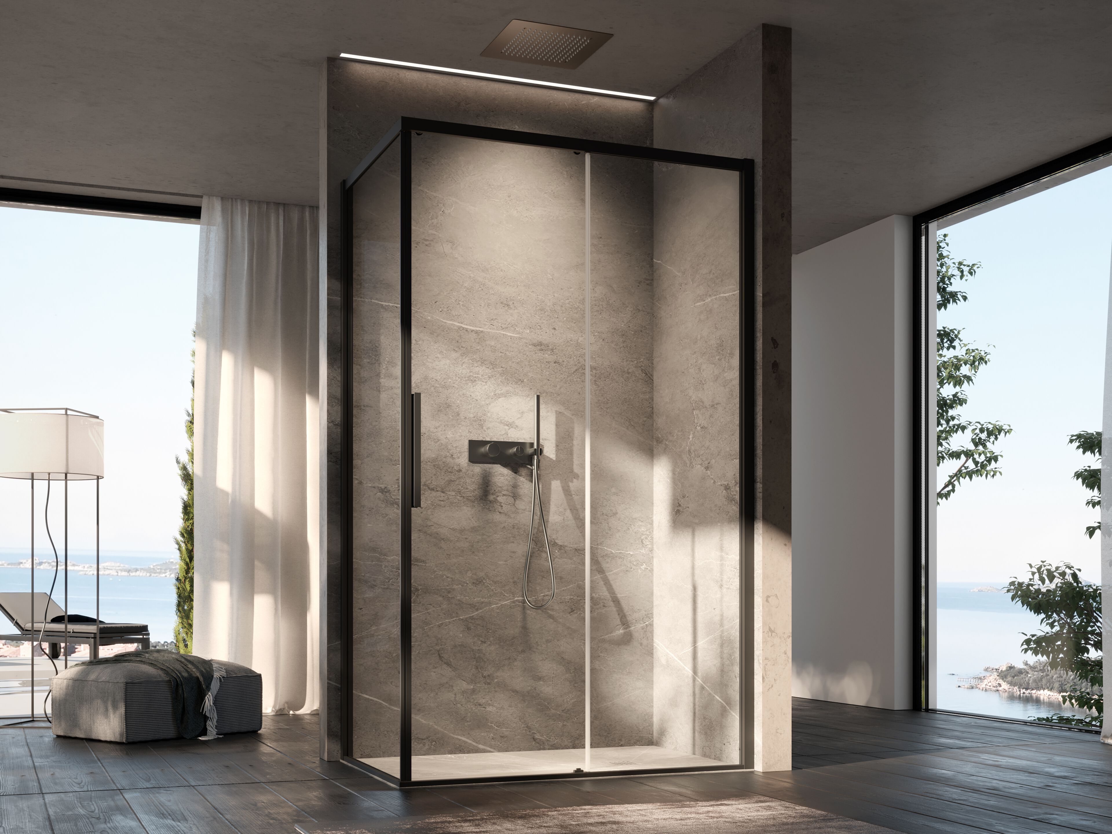 Стеклянная угловая душевая кабина с раздвижной дверью DISENIA EVO ARCH-00139283