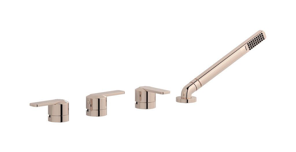 Смеситель на бортик ванной на 4 отверстия с изливом, дивертером и душевым гарнитуром. WE ARE IB c6397rs Rose Gold C-67