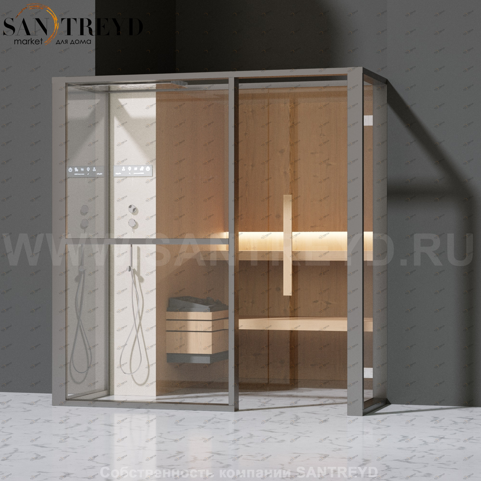 Effegibi LOGICAFILO S LO21010012 Сауна. Установка: в полунишу. Левая дверь. Мощность: 6 кВт макс. Размеры: длина 214 см, ширина 250 см. Отделка: канадский хемлок, матовый лакированный серый аллюминий и бежевый ламинат из керамогранита.