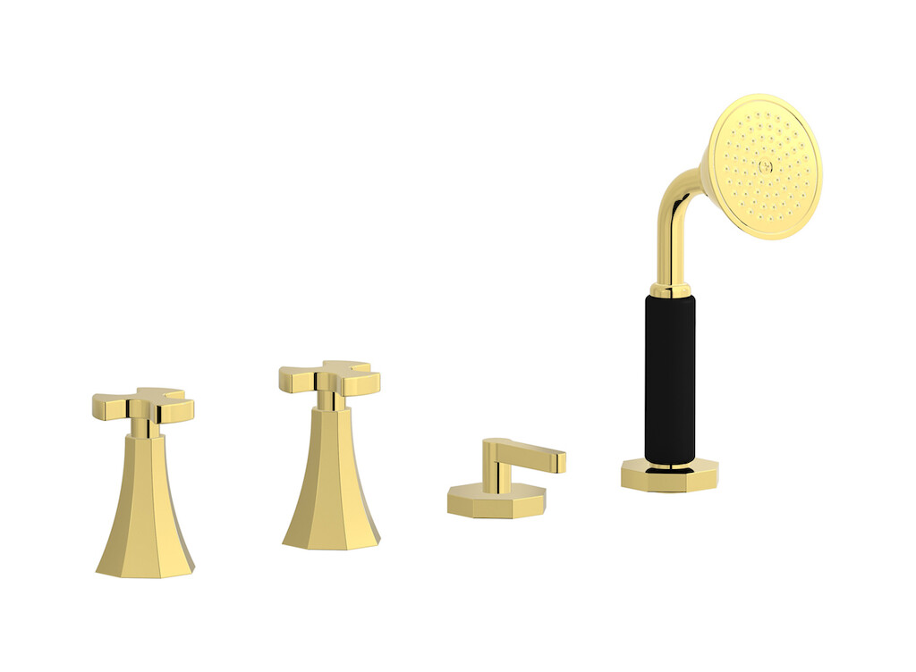 Смеситель на бортик ванной на 4 отверстия с изливом, дивертером и душевым гарнитуром. WE ARE IB bt397oo Gold Belmondo 