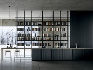 Линейная кухня из керамогранита с островом