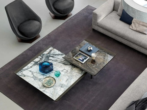 Квадратный металлический и кожаный журнальный столик для гостиной