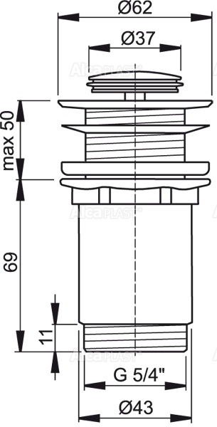 Донный клапан сифона для умывальника CLICK/CLACK 5/4", цельнометаллический с малой заглушкой, без перелива, для пластиковых и стеклянных умывальников ALCAPLAST A394 - Вид №1