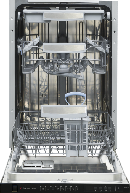 SLG VI4410 Узкая, 84.5x45x55 см, 10 комплектов, 8 программ, расход 9л, электронное управление/led дисплей, антибактериальный фильтр, 3-я корзина easy tray, 1/2 загрузка, защита от утечки leakage protection, таймер Schaub Lorenz Santreyd 