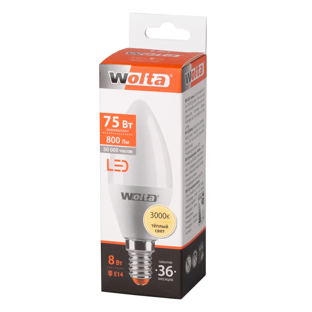 Лампа светодиодная Wolta свеча E14 8 Вт 800 Лм свет тёплый белый STLM-2052884 - Вид №1