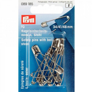 089185 Булавки английские с пласт. шариком ассорти нержавеющий сплав в блистере 10 шт 34/41/48 мм, под серебро PRYM