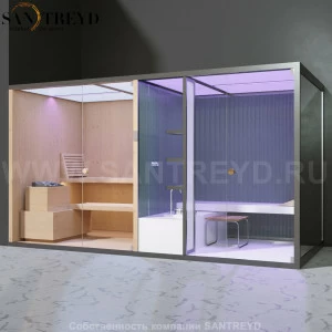 Effegibi BODYLOVE SH BL40140004 Фронтальная комбинированная баня: хаммам и сауна. Установка: в левый угол. Мощность: 15 кВт макс. Размеры: длина 393 см, ширина 176 см. Отделка: канадский хемлок, трубчатое стекло и гладкий хемлок.