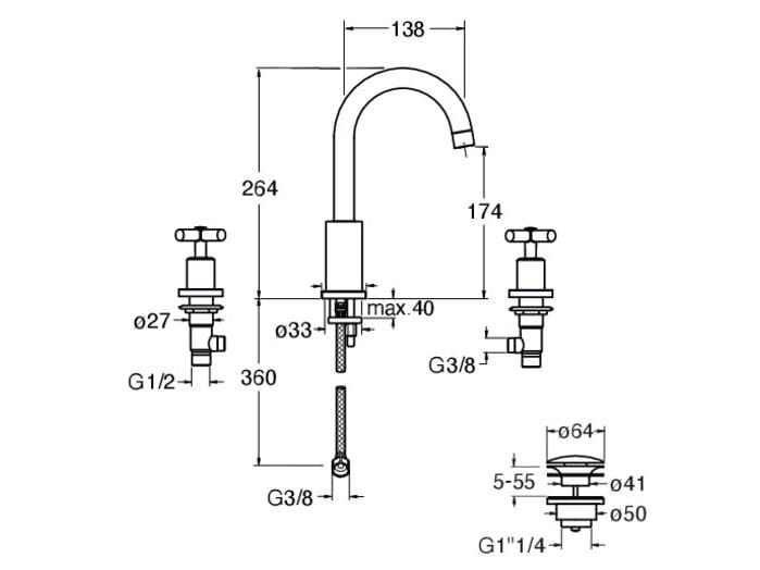Смеситель для раковины с 3 отверстиями CRISTINA Rubinetterie Exclusive ARCH-00109095 - Вид №2