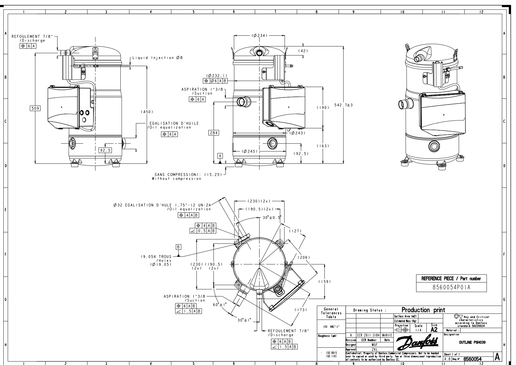 Danfoss PSH — Герметичные спиральные компрессоры, R410A PSH034A4CLD Спиральный компрессор 120H0939  - Вид №9