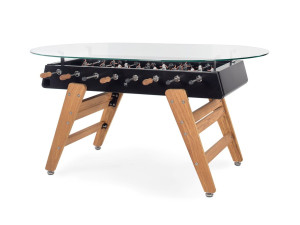 Овальный обеденный стол из стали и ироко со стеклянной столешницей