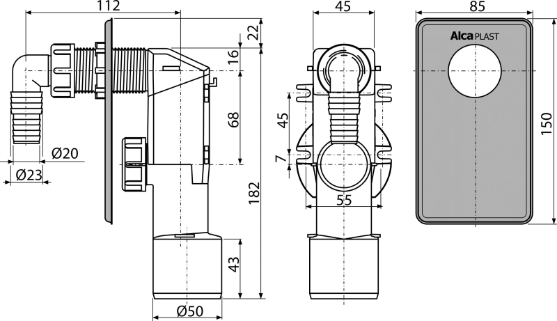 Сифон для стиральной машины под штукатурку, нержавеющая сталь ALCAPLAST APS3 - Вид №1