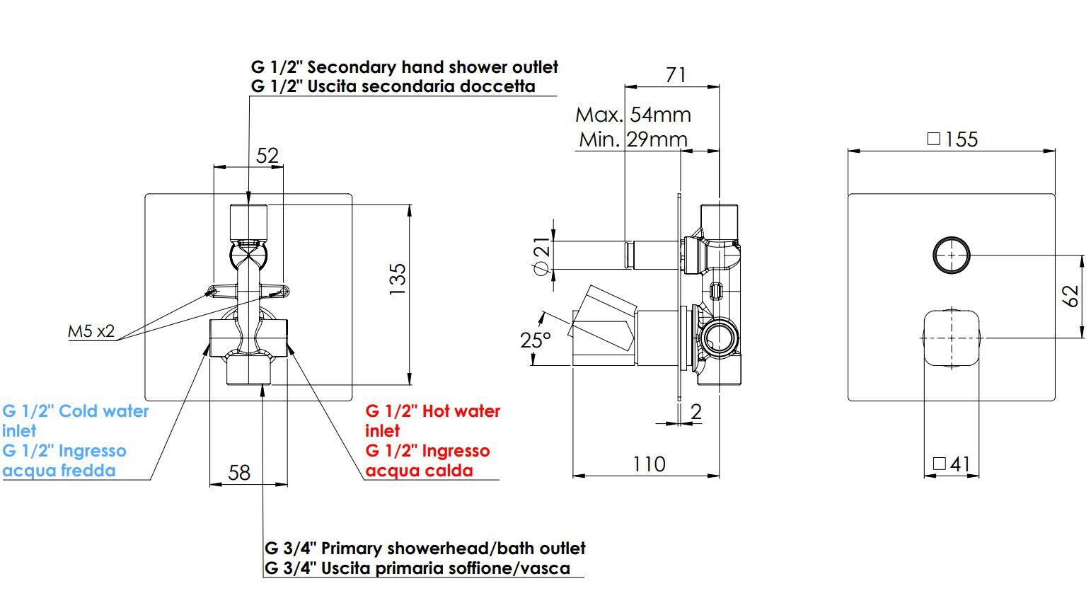 Однорычажный настенный смеситель для ванны с переключателем Rubinetterie Mariani Icon-Q ARCH-00078928 - Вид №2