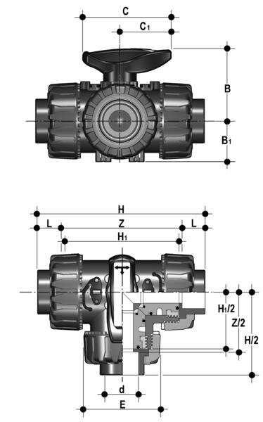 SANIT 121453020050 3-ходовой шаровой кран d 16-63, ТКД DualBlock®, ПВХ-U, L-отверстие, клей рукав  - Вид №1