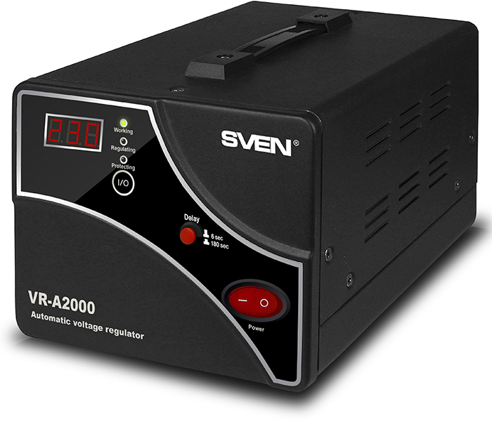 SV-014414 Stabilizer vr-a2000, relay, 2000va, 1200w, 140-275v, 2 euro outlets, black, 250 ? 165 ? 189mm, 4.58kg. Sven Santreyd 