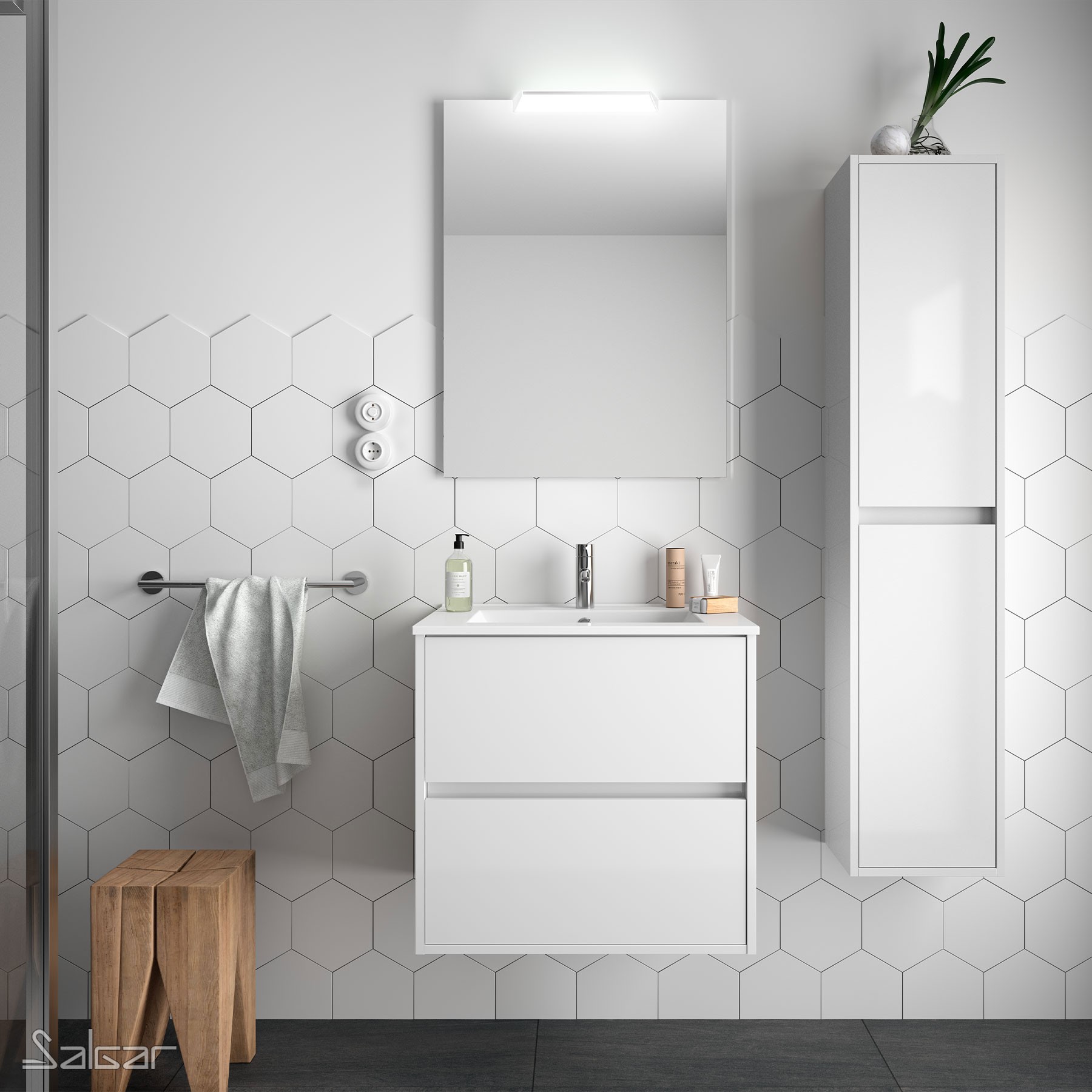 85032 SALGAR Комплект мебели для ванной NOJA 700 WHITE GLOSS LACQUERED + Раковина + Зеркало + Свет Глянцевый белый