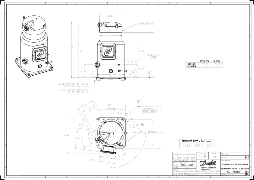 Danfoss SY — Герметичные спиральные компрессоры, R22, R134a, R407C SY240A4CBI Компрессор спиральный SY240A4CBI  - Вид №7