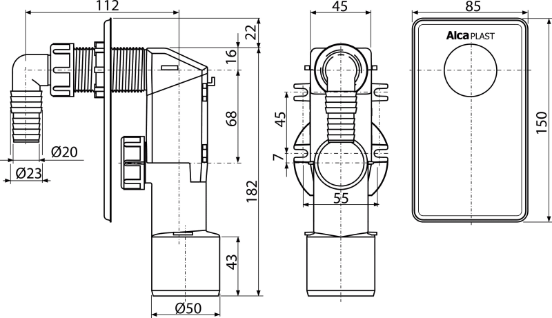 Сифон для стиральной машины под штукатурку, белый ALCAPLAST APS4 - Вид №1