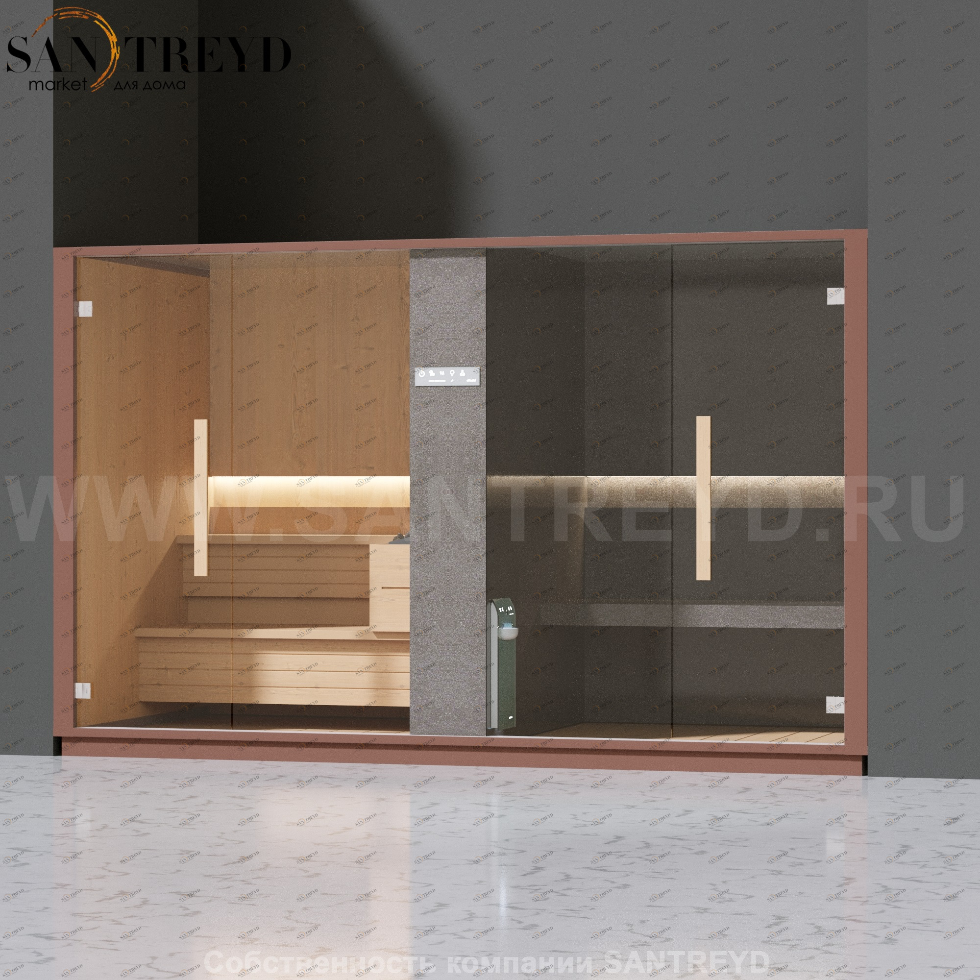 Effegibi LOGICA SH LO40030005 Комбинированная баня: хаммам и сауна. Установка: в нишу. Мощность: 10,5 кВт макс. Размеры: длина 373 см, ширина 171 см. Отделка: канадский хемлок, матовый лакированный коричневый аллюминий и темный ламинат из керамогранита.