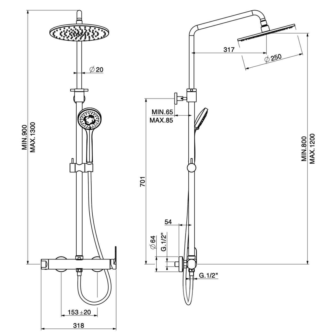 Настенная термостатическая душевая колонна с ручным душем GATTONI H20MIX 7000 ARCH-00071137 - Вид №2