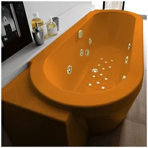 Ванна Gruppo treesse Playa V818Q-DX-OZ оранжевая с золотой фурнитурой гидромассажем, аэромассажем и дезинфекцией овальная угловая пристенная правая