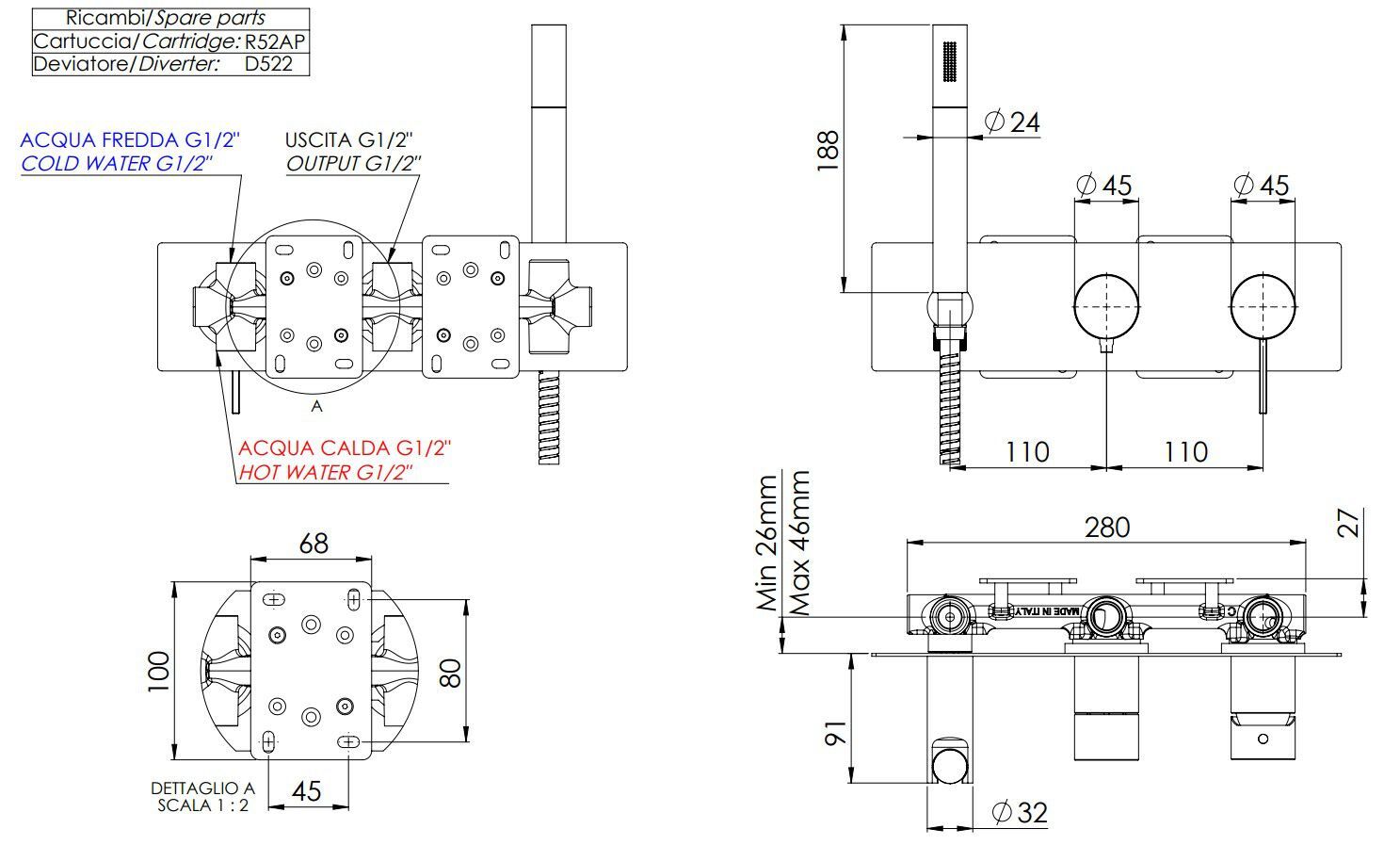 Набор настенных ванн с переключателем Remer Rubinetterie Метрика ARCH-00130750 - Вид №2