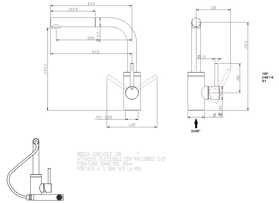 Смеситель для кухни из нержавеющей стали со съемным ручным душем Rubinetterie Treemme 40 мм ARCH-00151695 - Вид №2