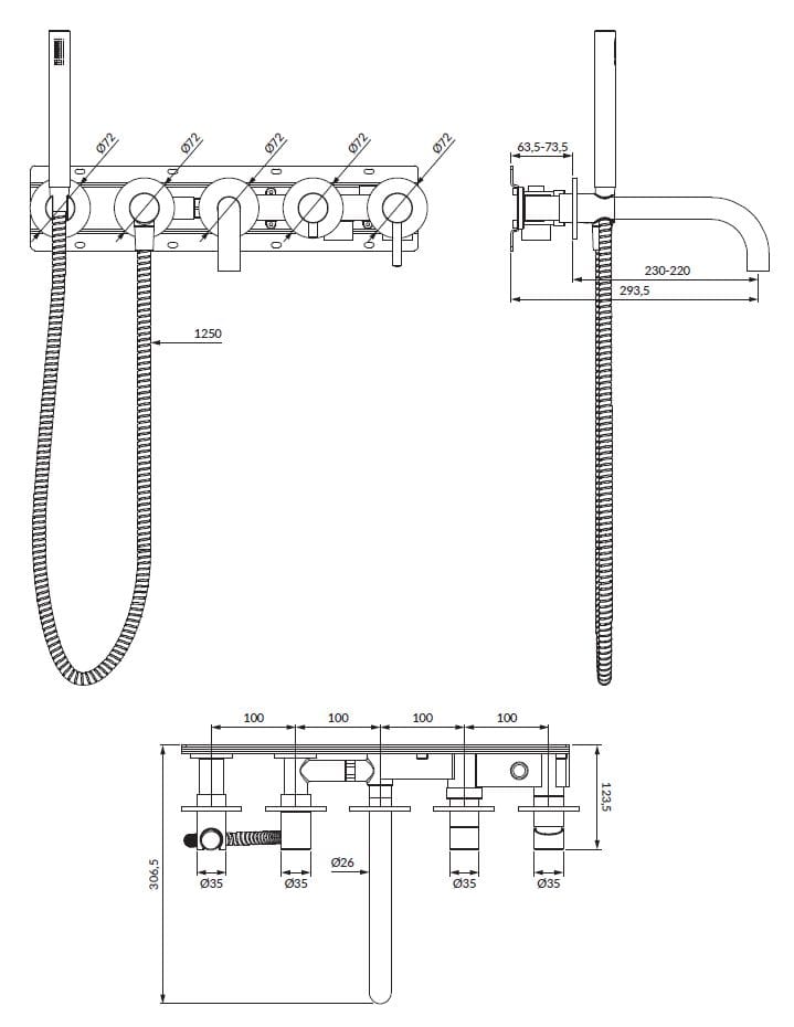 Настенный смеситель для ванны с 5 отверстиями и ручным душем OMNIRES Y Y1237/1 ARCH-00110371 - Вид №17