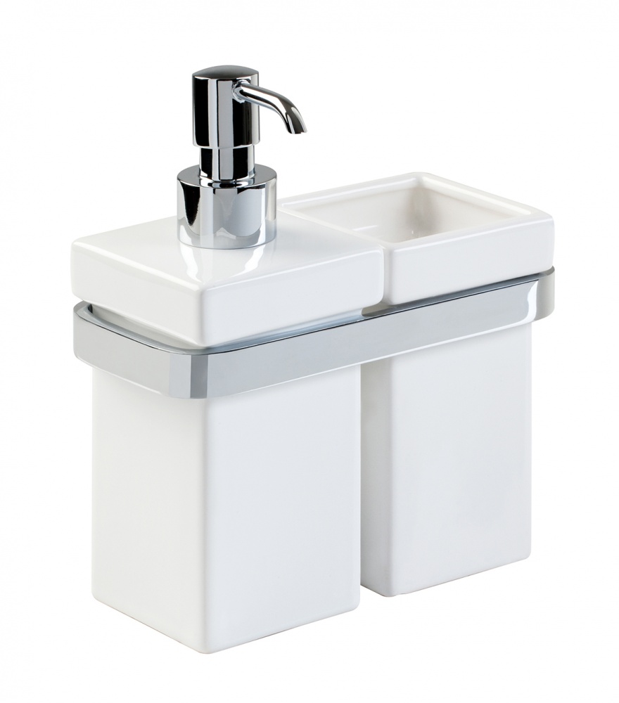 MZ14(08-BI) Stil Haus Mizar, настенные керамические дозатор + стакан, цвет хром - белая керамика 