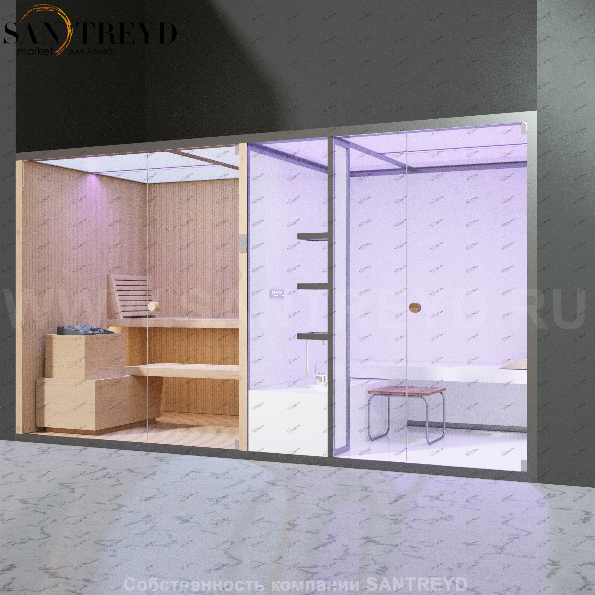 Effegibi BODYLOVE SH BL45150001 Боковая комбинированная баня: хаммам и сауна. Установка: в правый угол. Мощность: 15 кВт макс. Размеры: длина 393 см, ширина 176 см. Отделка: канадский хемлок без отделки.