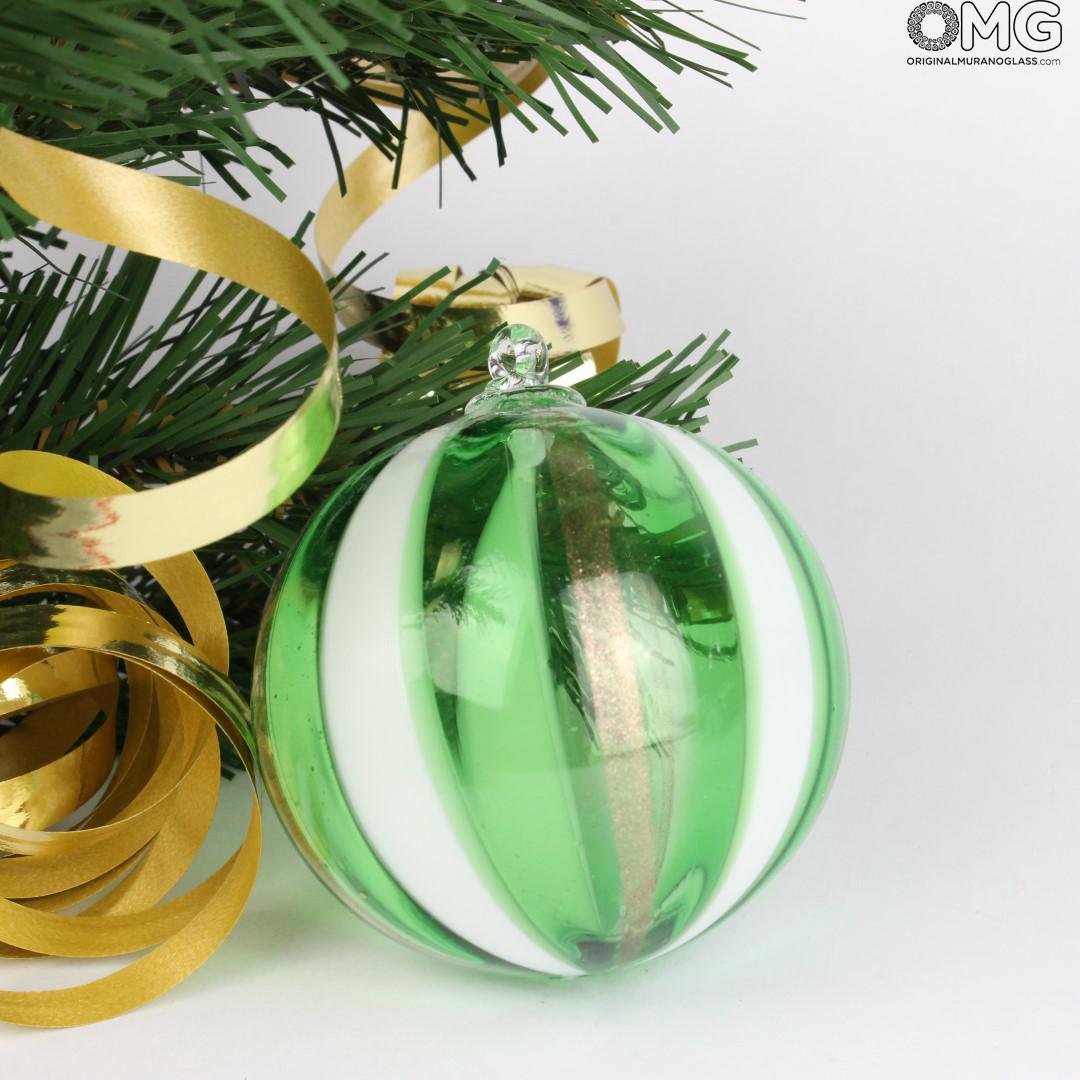 3709 ORIGINALMURANOGLASS Ёлочный шар Fantasy - в зелёную полоску - MURANO GLASS XMAS 8 см  - Вид №1