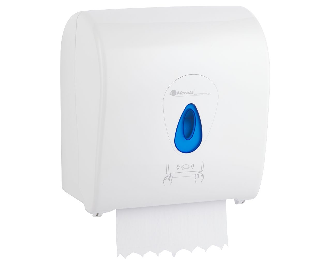 CTN302 TOP AUTOMATIC MAXI механический диспенсер для бумажных полотенец в рулонах, пластик ABS, глянцевый белый, синее окно Merida  - Вид №4