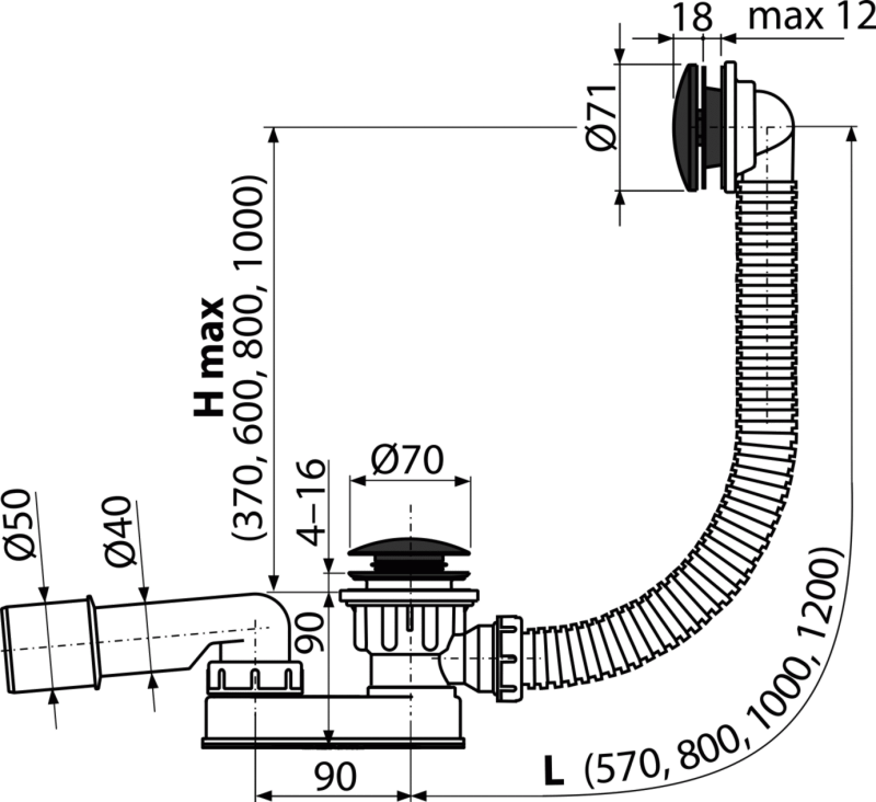 Сифон для ванны CLICK/CLACK, черный-мат ALCAPLAST A507BLACK - Вид №1