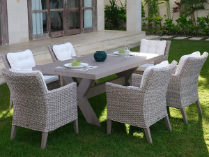 98.00.0876 Набор Madrigal twist oyster, 13 предметов, включая 6 кресел Madrigal oyster, 6 подушек для сидений (цвет на ваш выбор), 1x столик Crossleg Stone серый 220 × 100 Mbm