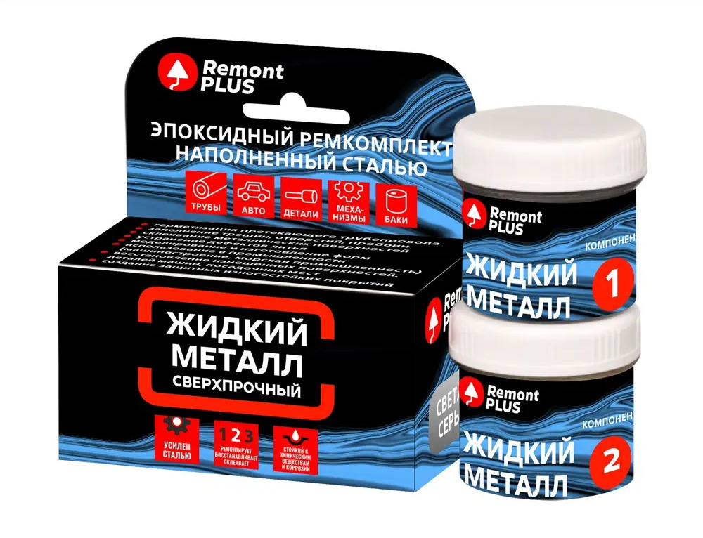 88747682 Эпоксидный ремкомплект Remont PLUS Жидкий металл сверхпрочный светло-серый 160 г STLM-0854527