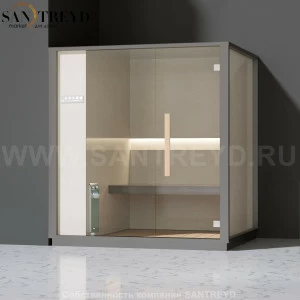 Effegibi ONE H LO60010006 Хаммам. Установка: в левый угол. Левая дверь. Мощность: 4,5 кВт макс. Размеры: длина 214 см, ширина 171 см. Отделка: матовый лакированный серый аллюминий и бежевый ламинат из керамогранита.