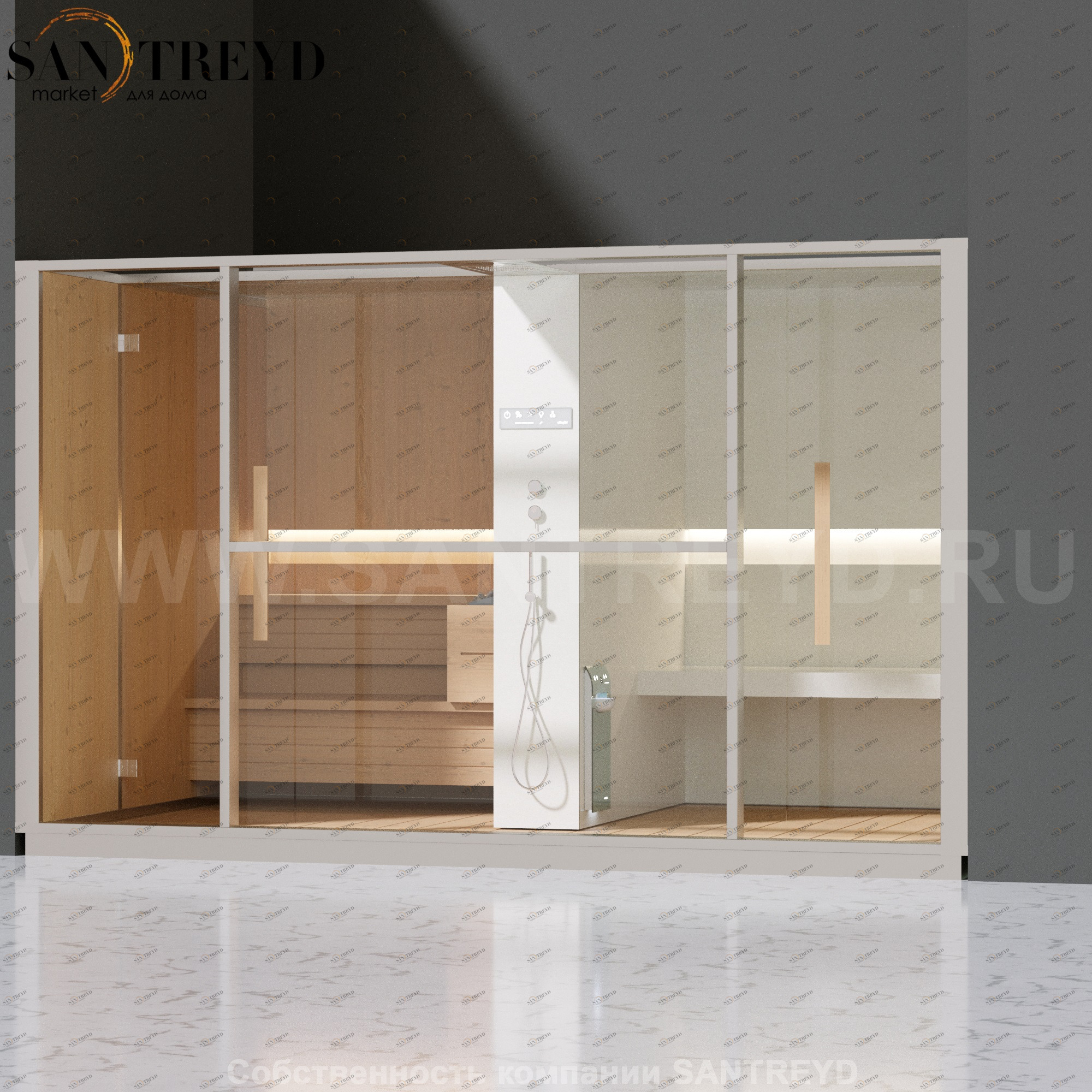 Effegibi LOGICA LO10020006 Комбинированная баня: хаммам и сауна. Установка: в нишу. Мощность: 10,5 кВт макс. Размеры: длина 373 см, ширина 250 см. Отделка: канадский хемлок, матовый лакированный белый аллюминий и серый ламинат из керамогранита.