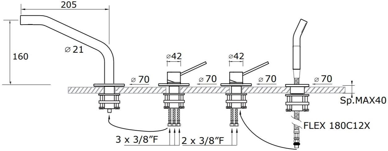 MINA Смеситель для ванны с переключателем и ручным душем Corsivo 11925 - Вид №2