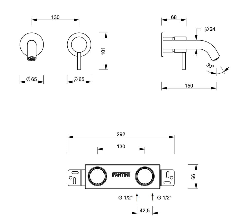 Однорычажный настенный смеситель для раковины Fantini Rubinetti NOSTROMO ARCH-00147092 - Вид №3