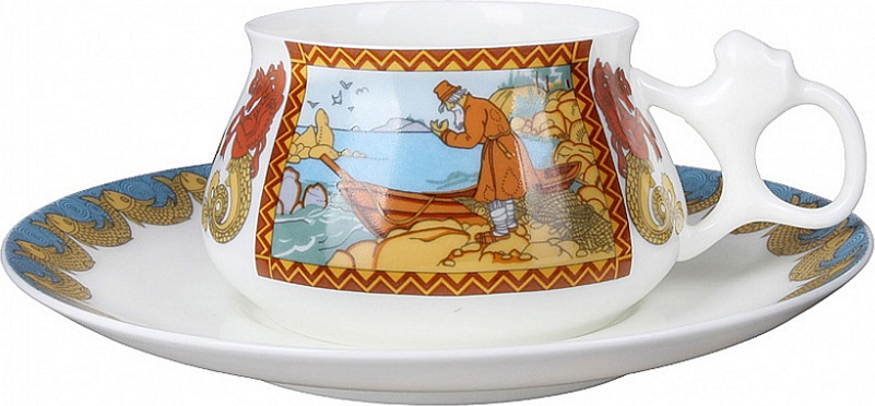 10596510 Императорский фарфоровый завод Чашка с блюдцем "Сказка о рыбаке и рыбке" "Билибина" Фарфор костяной 