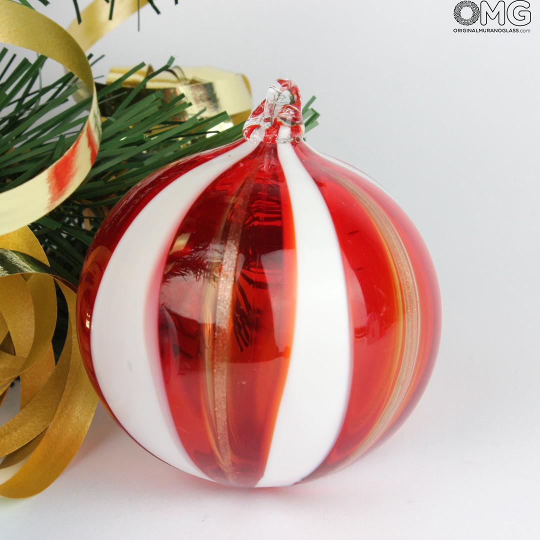 2641 ORIGINALMURANOGLASS Ёлочный шар Fantasy - в красную полоску - MURANO GLASS XMAS 8 см  - Вид №1