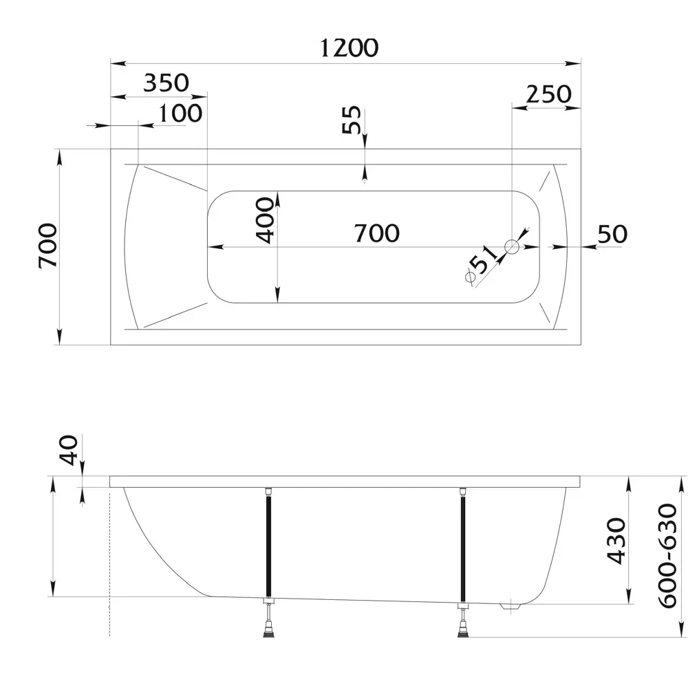 Ванна 100Acryl Ницца акриловая 120x70 см каркас в комплекте STLM-2022294 - Вид №10
