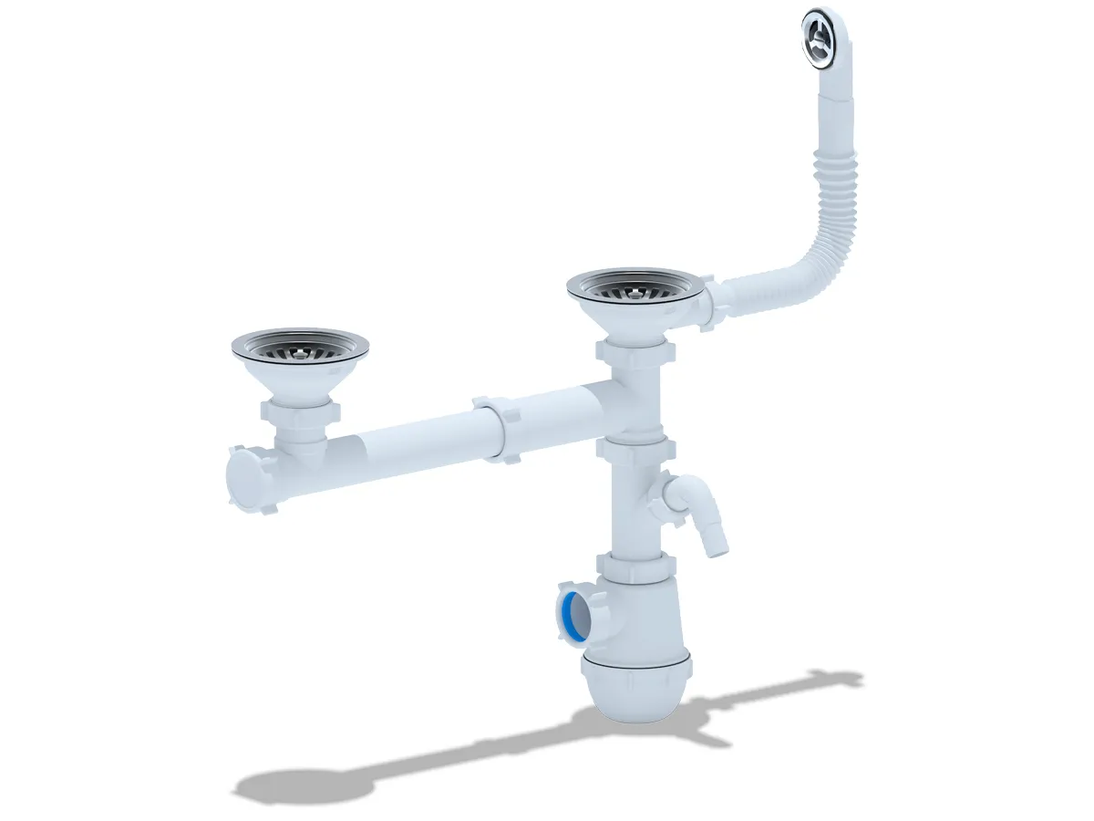 2-ой Сифон Ани Грот двойной 3 1/2" с перел. и отводами Анипласт для одноуровневых моек GRANFEST А 7500SP О/У