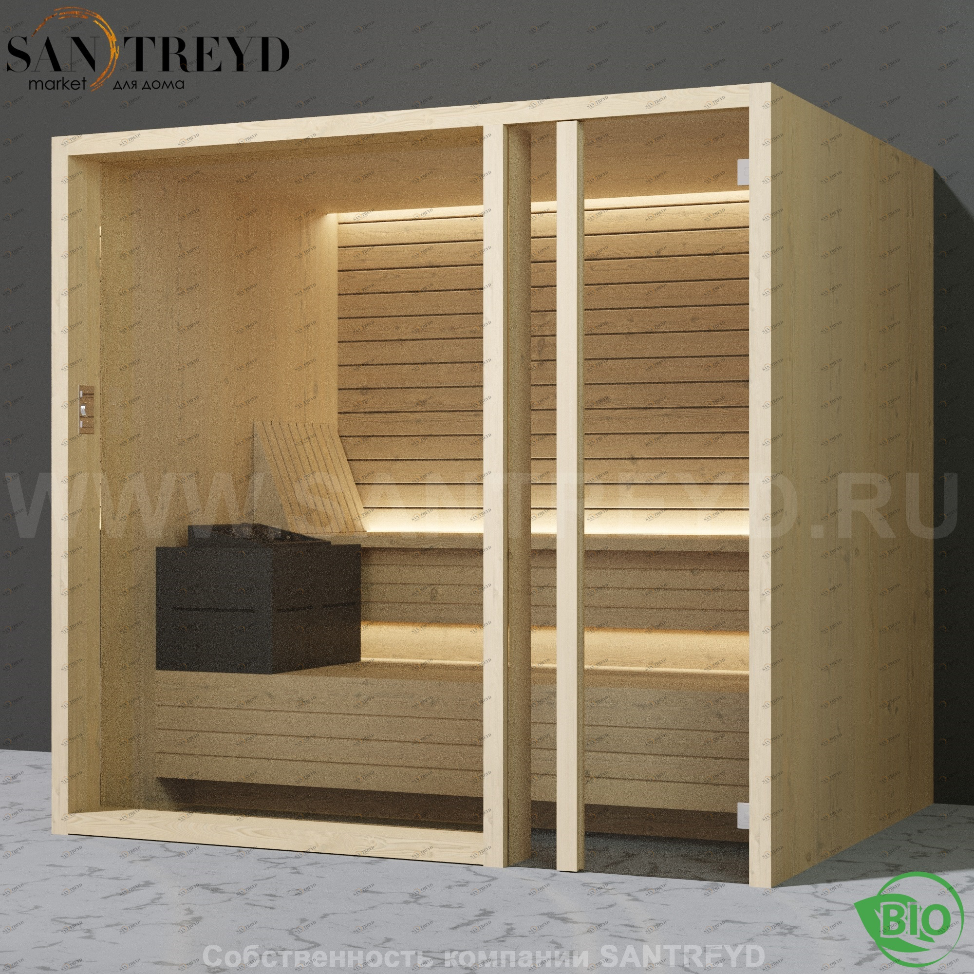 Effegibi YOKU.G105 BI.70300003 Био-сауна с правой дверью. Мощность: 12 кВт макс. Размеры: длина 230 см, ширина 200 см. Отделка: осина термообработанная BI70300003